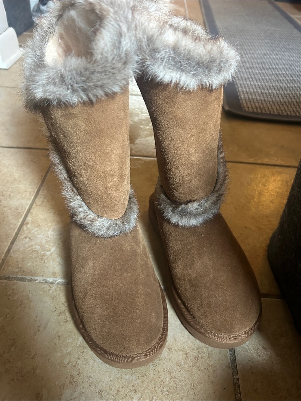 BearPaw Tall Faux-Fur Trim Suede Winter Boots - Brown